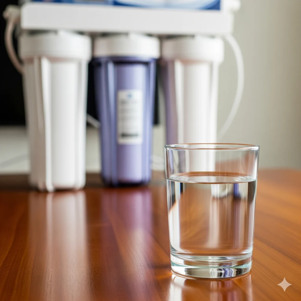 verre d'eau devant filtre