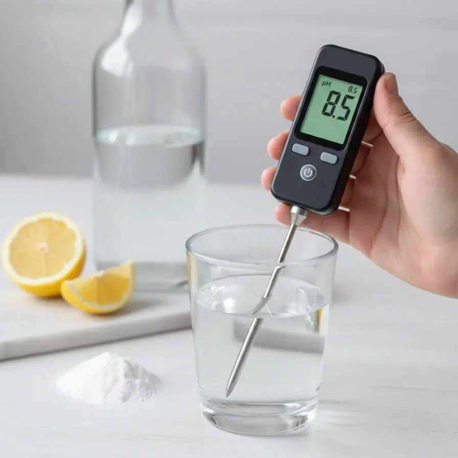 test de ph sur eau alcaline maison montrant 8.5 avec citron et bicarbonate