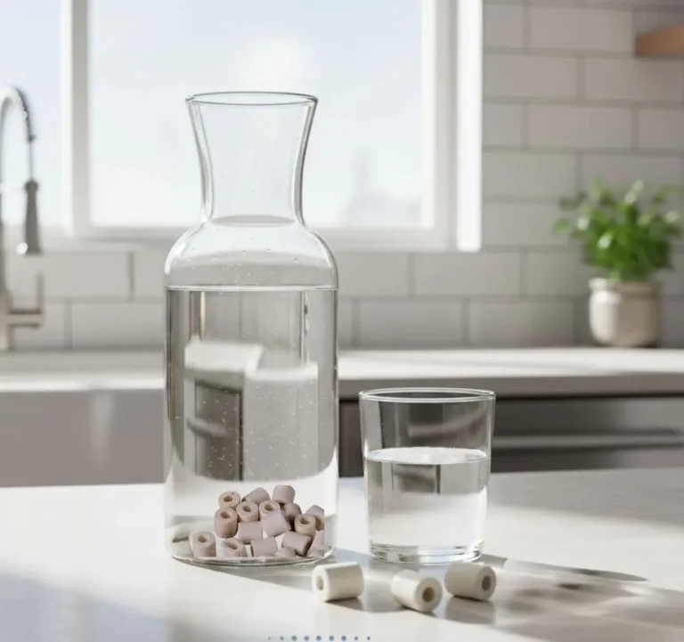 carafe en verre avec perles de céramique grises pour filtration naturelle eau du robinet