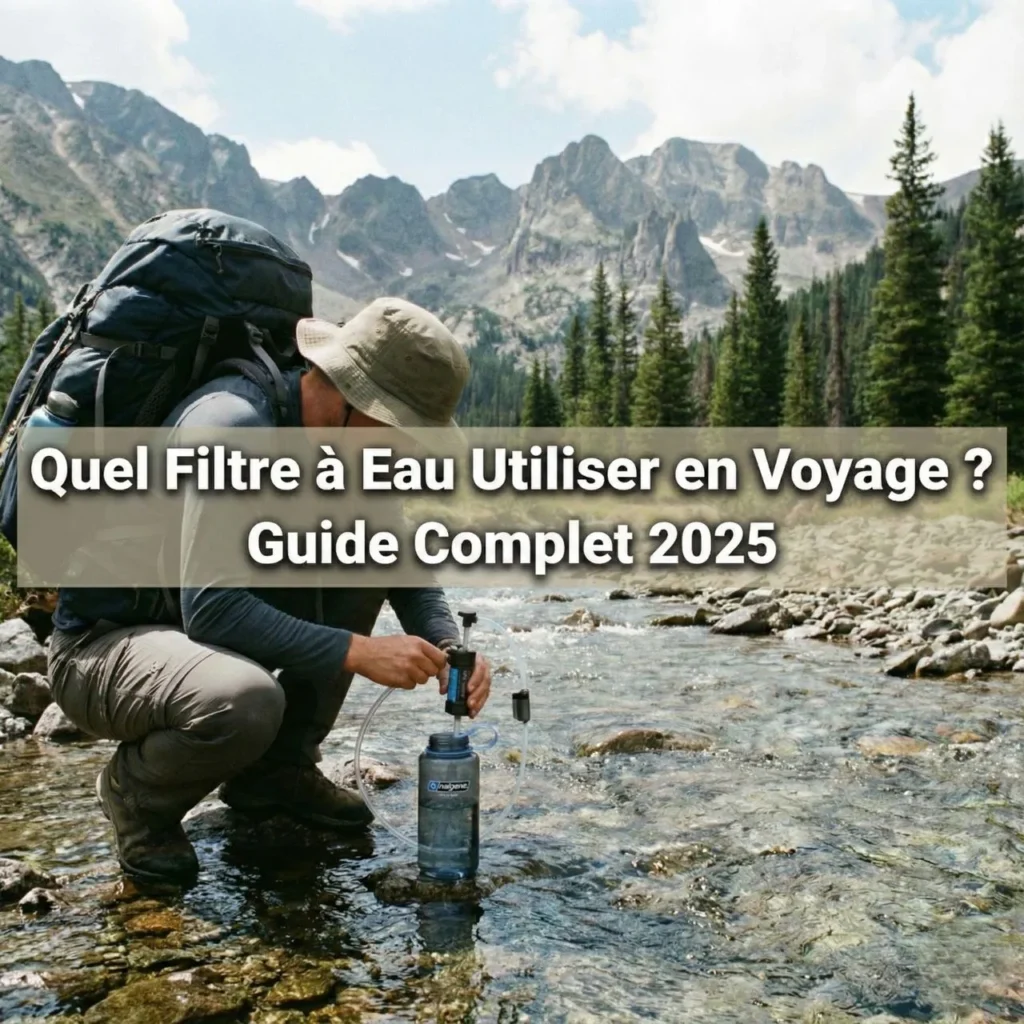 randonneur utilisant un filtre à eau portable pour remplir sa gourde dans un ruisseau de montagne