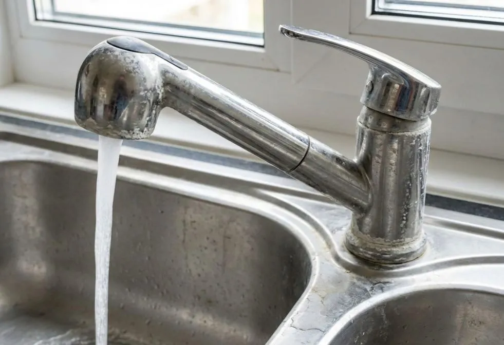 robinet avec eau coulant traces de calcaire visibles sur l inox