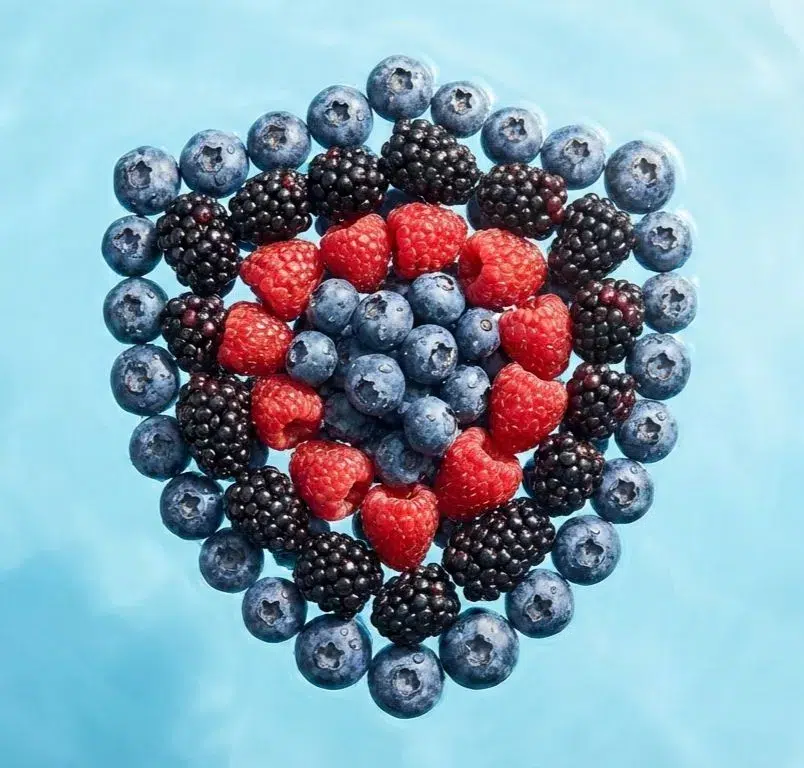 des myrtilles mûres et framboises disposés en forme de bouclier protecteur