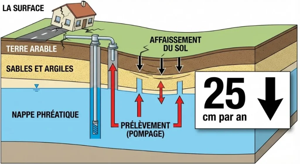 schéma explicatif affaissement du sol nappes phréatiques