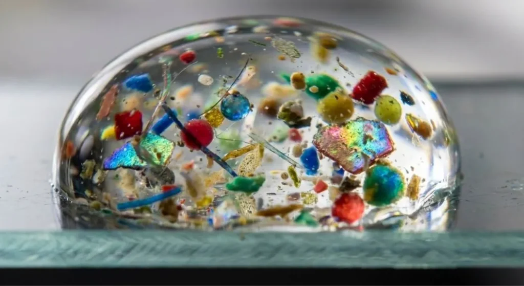 vue macro de microplastiques colorés sous microscope ou goutte d eau avec particules visibles en su