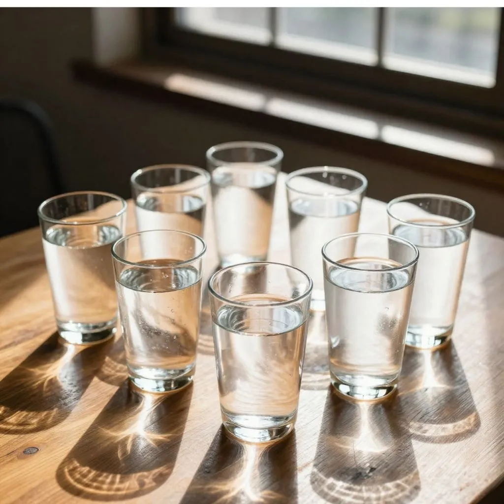 8 verres d eau sur une table
