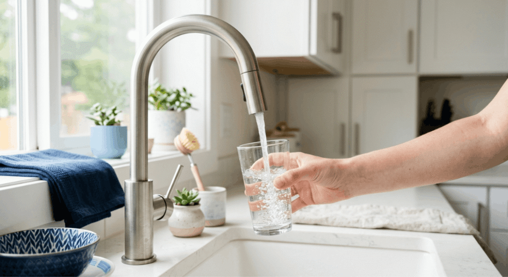 Verre d'eau du robinet rempli dans une cuisine moderne, illustrant la question de la qualité de l'eau filtrée