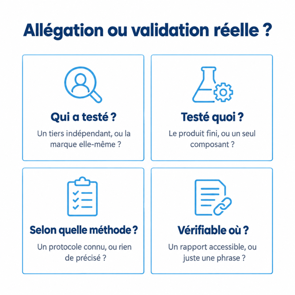 Infographie — 4 questions pour distinguer une allégation marketing d'une validation labo indépendante